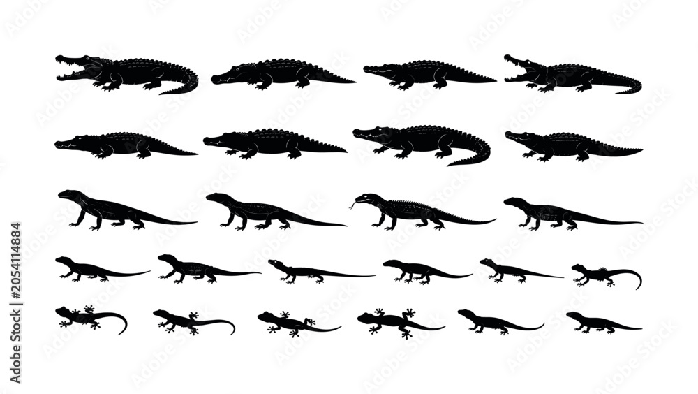 Fototapeta premium Crocodile and lizard silhouette collection with crawling reptile side views, crocodile, lizard, reptile, alligator, animal,