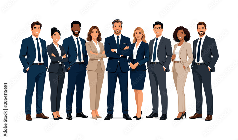 Fototapeta premium Diverse group of professionals in business attire standing together confidently