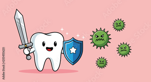 Quadro em tela Cute cartoon tooth warrior fighting bacteria with a sword and shield