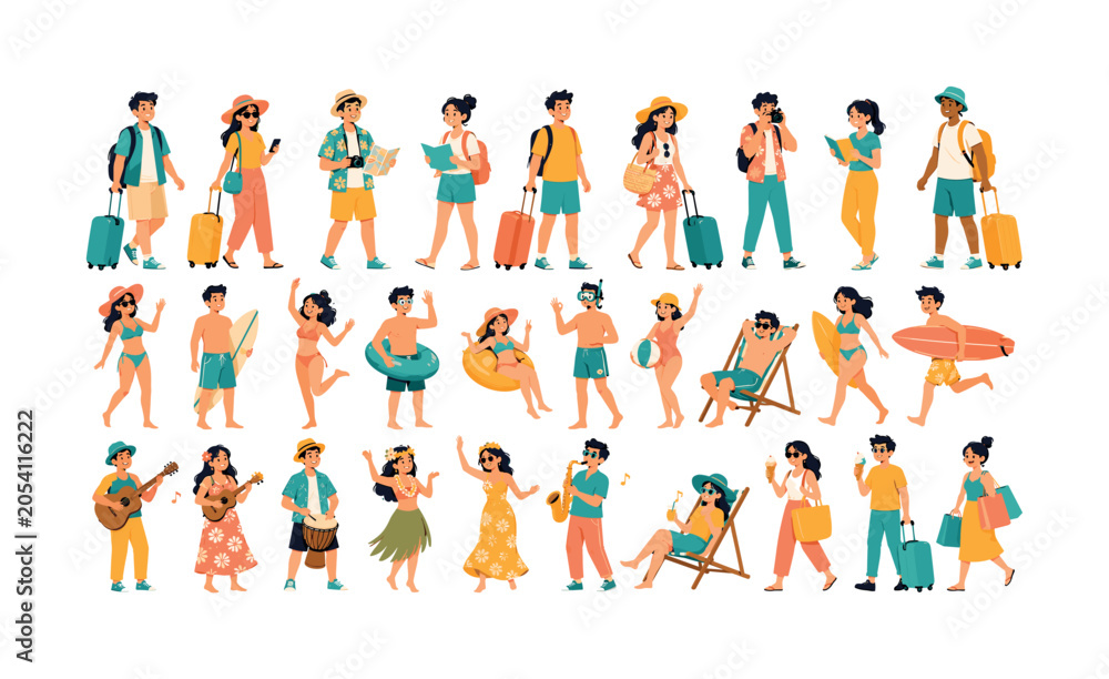 Fototapeta premium Travel leisure character set with tourists, swimmers, musicians, luggage and summer activities, travel, leisure, tourists,