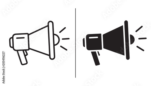 Obraz na plátně Megaphone Icon Pair: A graphic representation of a megaphone shown in two styles, outline and solid black, symbolizing communication, announcement, and promotion