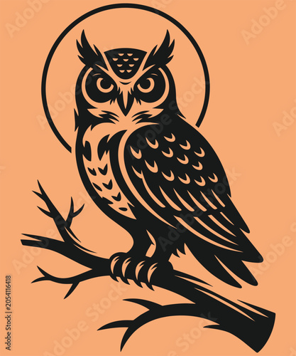Foto Stylized owl with circular halo perched on a tree branch, bold black vector illu