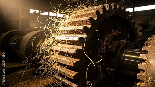 Industrial Machine Gears with Sparks Flying in Workshop.