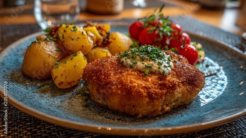 Breaded cutlet served with baked potatoes as a hearty second-course meal.
