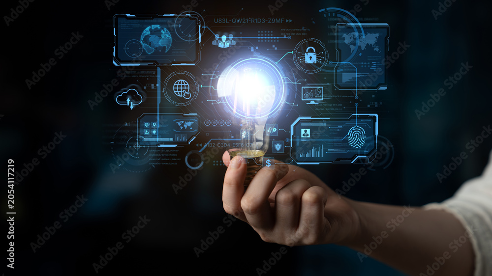 Fototapeta premium A futuristic command center interface for managing a global technology platform. The dashboard includes data security, network administration, and biometric user authentication. Fermion