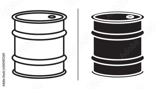Bild auf Leinwand Industrial Drums, Black and White Comparison: Two identical industrial drums, one outlined in white and the other in stark black, offer a graphic representation of contrast and industrial storage