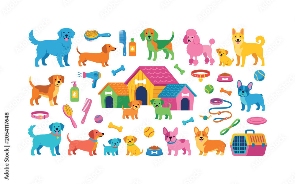 Fototapeta premium Colorful dog breed and pet character set with many cute dogs, houses, grooming items and outdoor pet accessories, dog, puppy, pet,