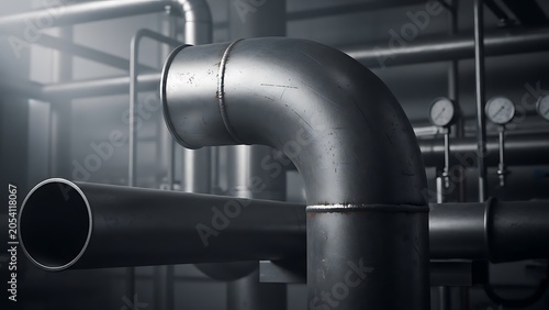 Industrial Metal Pipes and Plumbing System Close-up.