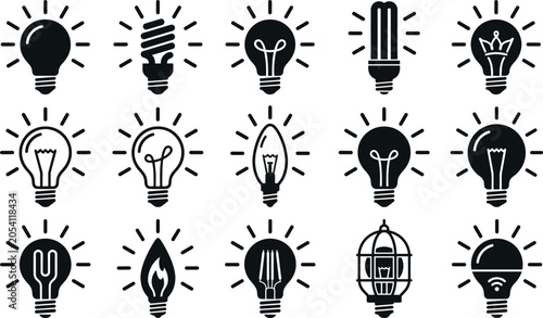 Glowing light bulb black silhouette icon set vector illustration featuring modern led and retro filament lamps