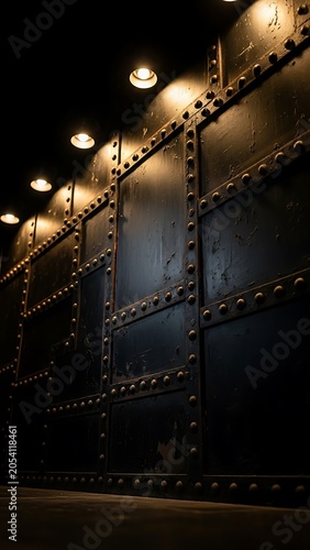 Industrial Metal Wall with Rivets and Lights.