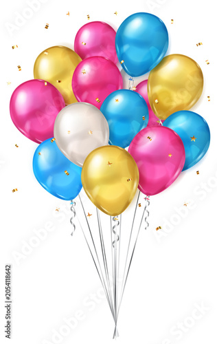 Vibrant pink, blue, gold, and white balloons tied together with ribbons, surrounded by scattered gold confetti on a plain white background, creating a festive atmosphere.