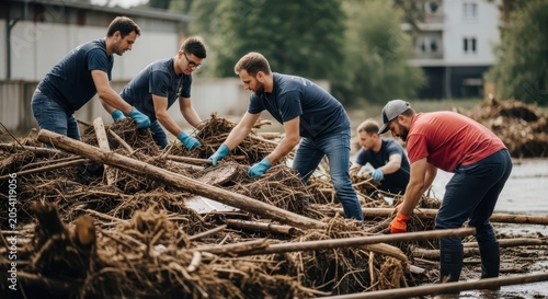 Dedicated volunteers working together to clear disaster debris and aid community recovery efforts