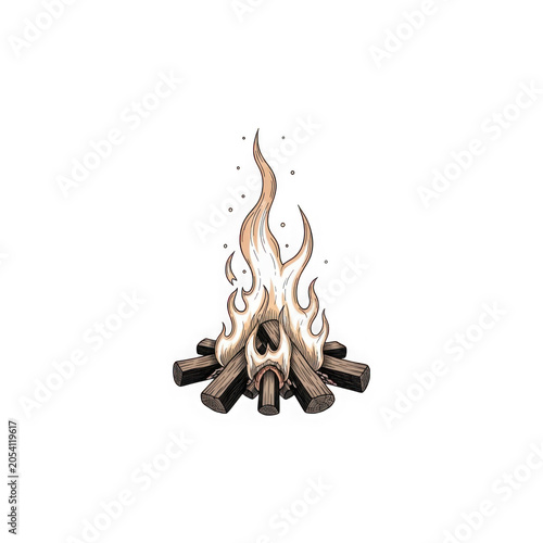 Rustic campfire burning with logs and flames isolated on transparent background art.
