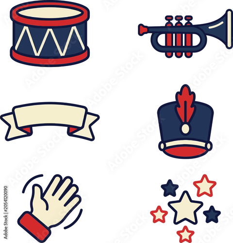Military band performs with drum, trumpet, hat, hand, and stars on display