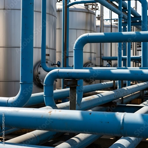 Industrial pipes and tanks at a processing plant.
