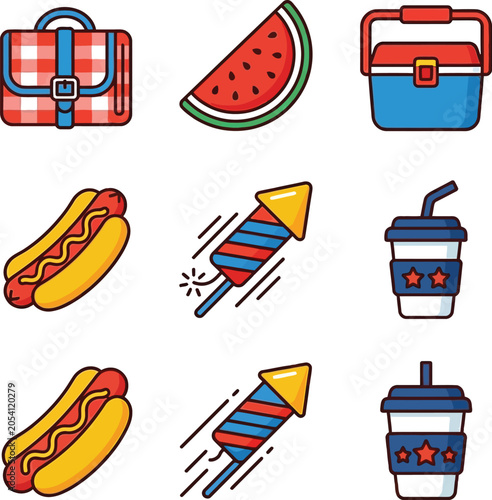 Colorful summer picnic food items are displayed on a table outside.
