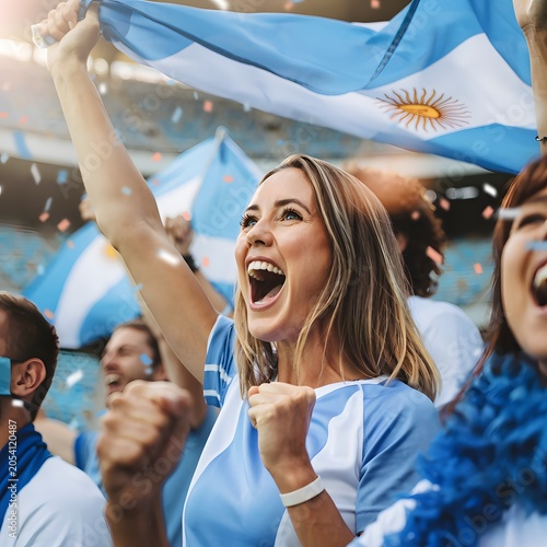 Argentina Football Fans Celebrating Victory with Flag in Stadium