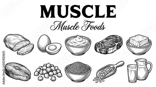 Hand Drawn High Protein Muscle Food Sources for Bodybuilding and Fitness, Engraving Style Vector Illustration Set of Meat, Fish, Eggs, and Grains