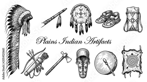 Native American Plains Indian Artifacts Collection including Headdress, Peace Pipe, Tomahawk, Bow, Arrows, Moccasins, and Drum, Traditional Indigenous Culture Hand Drawn Vector Set