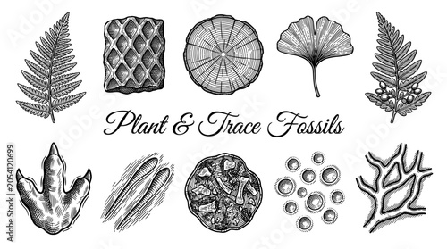Vintage Hand-Drawn Vector Collection of Prehistoric Plant and Trace Fossils Including Fern, Ginkgo Leaf, Dinosaur Footprint, and Petrified Wood Engravings on White Background
