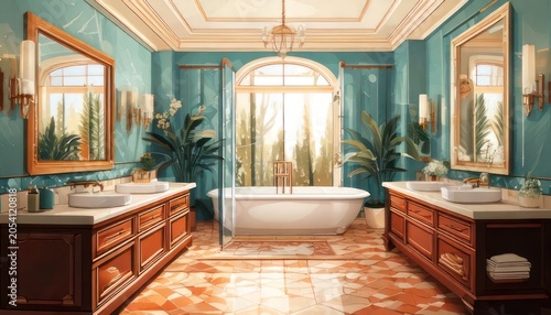 Luxurious Bathroom Interior with Freestanding Tub and Elegant Vanity.