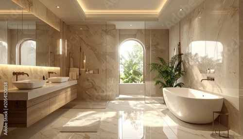 Luxurious bathroom interior with marble accents and natural light.