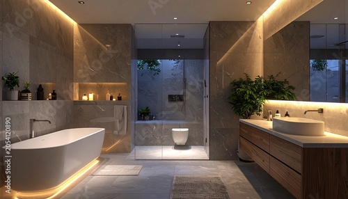 Luxurious bathroom interior with modern design and ambient lighting.