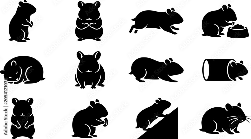 Fototapeta premium Hamster silhouette icon set, flat black glyph style, pure white background