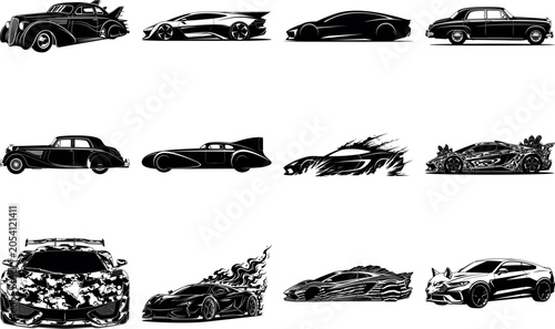 Collection of stylish vintage and modern sports cars illustration set