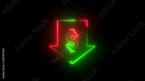 Dollar with arrow neon icon on black background 4k motion video animation.
