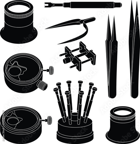 Φωτογραφία Watchmaker s Tools Silhouette Collection Black On White Background