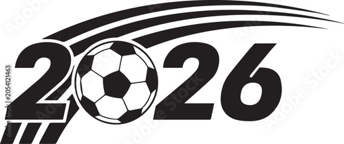 Black and white soccer ball with 2026 text and swoosh design
