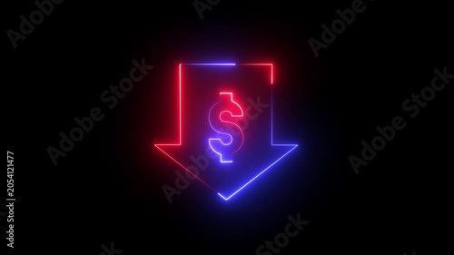 Dollar with arrow neon icon on black background 4k motion video animation.