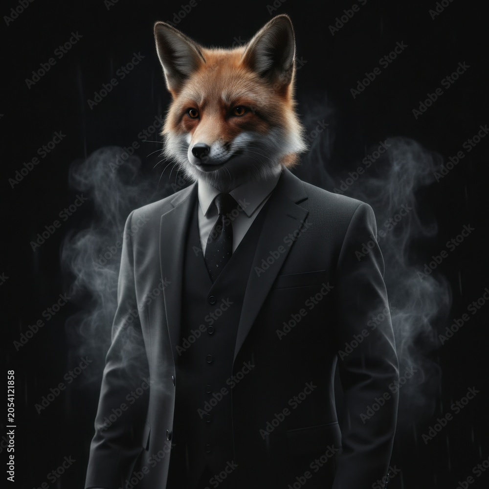 Fototapeta premium Anthropomorphic Fox in Suit with Smoke on Dark Background