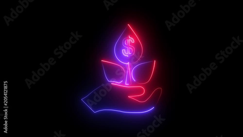 Neon purple hand holding water drops with gear icon and glowing effect on black background 4k motion video animation.