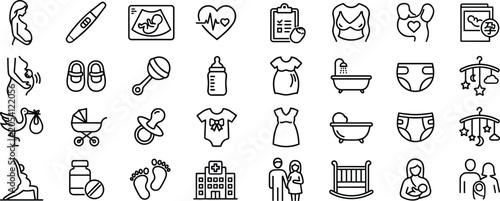 Pregnancy and newborn baby linear outline icons set for motherhood maternity healthcare prenatal care and infant equipment web design.