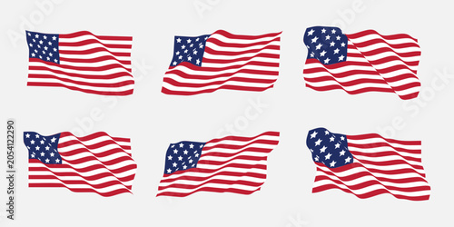 Set of waving united states flag illustrations on grey background.