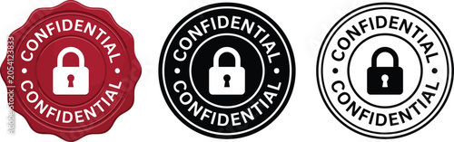 Tableau sur toile Confidential Stamp and Wax Seal Set with Padlock Icons - Red, Black, and Outline