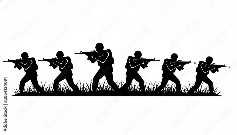 Obraz premium Silhouette of Soldiers Advancing with Rifles in Grass