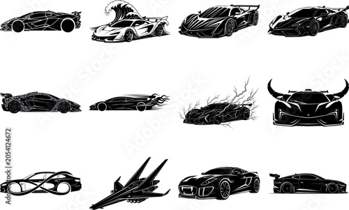 Collection of futuristic sports cars and concept vehicles with artistic designs