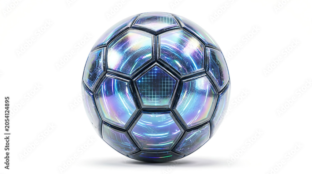 Fototapeta premium Futuristic Iridescent Soccer Ball With Cybernetic Hexagonal Pattern Design