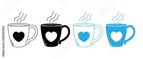 Foto Heart Coffee Mug Icon Set – Love Hot Drink, Tea Cup & Cafe Beverage Vector Colle