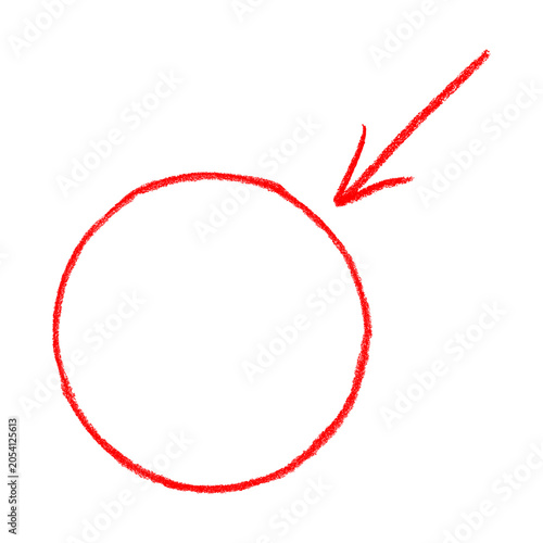 Hand-Drawn Red Crayon Circle with Arrow Pointer Isolated on Transparent Background
