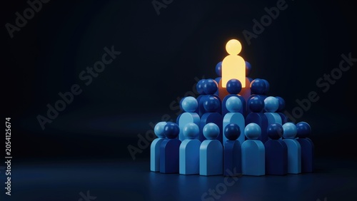Glowing yellow leader figure atop a pyramid of blue people