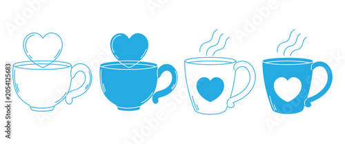 Obraz na plátne Heart Coffee Mug Icon Set – Love Hot Drink, Tea Cup & Cafe Beverage Vector Colle