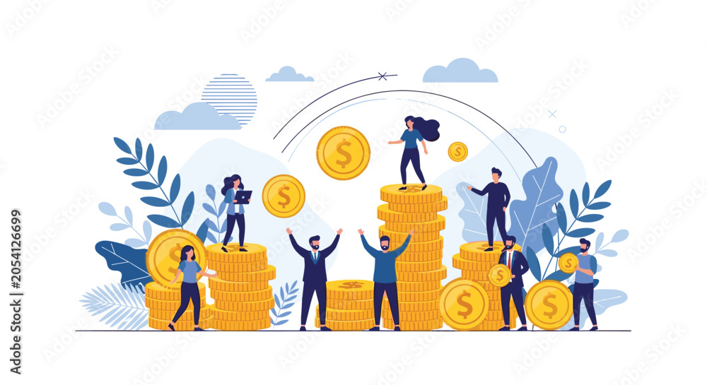 Fototapeta premium Ambitious professionals stand on tall stacks of gold dollar coins representing financial success and career advancement in business.