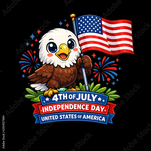 Independence day vector illustration with cute bald eagle on black background