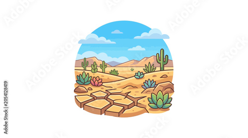 Cartoon Desert Landscape with Cacti and Dry Cracked Earth, Sunny Day