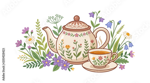 Charming Teapot and Cup with Wildflowers - Afternoon Tea Illustration