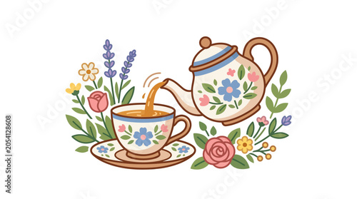Charming Teapot Pouring Tea into Cup Surrounded by Flowers